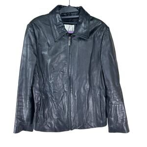 Nine West Black Leather Jacket Women’s Large Zip Front Moto Retro Boho Chic